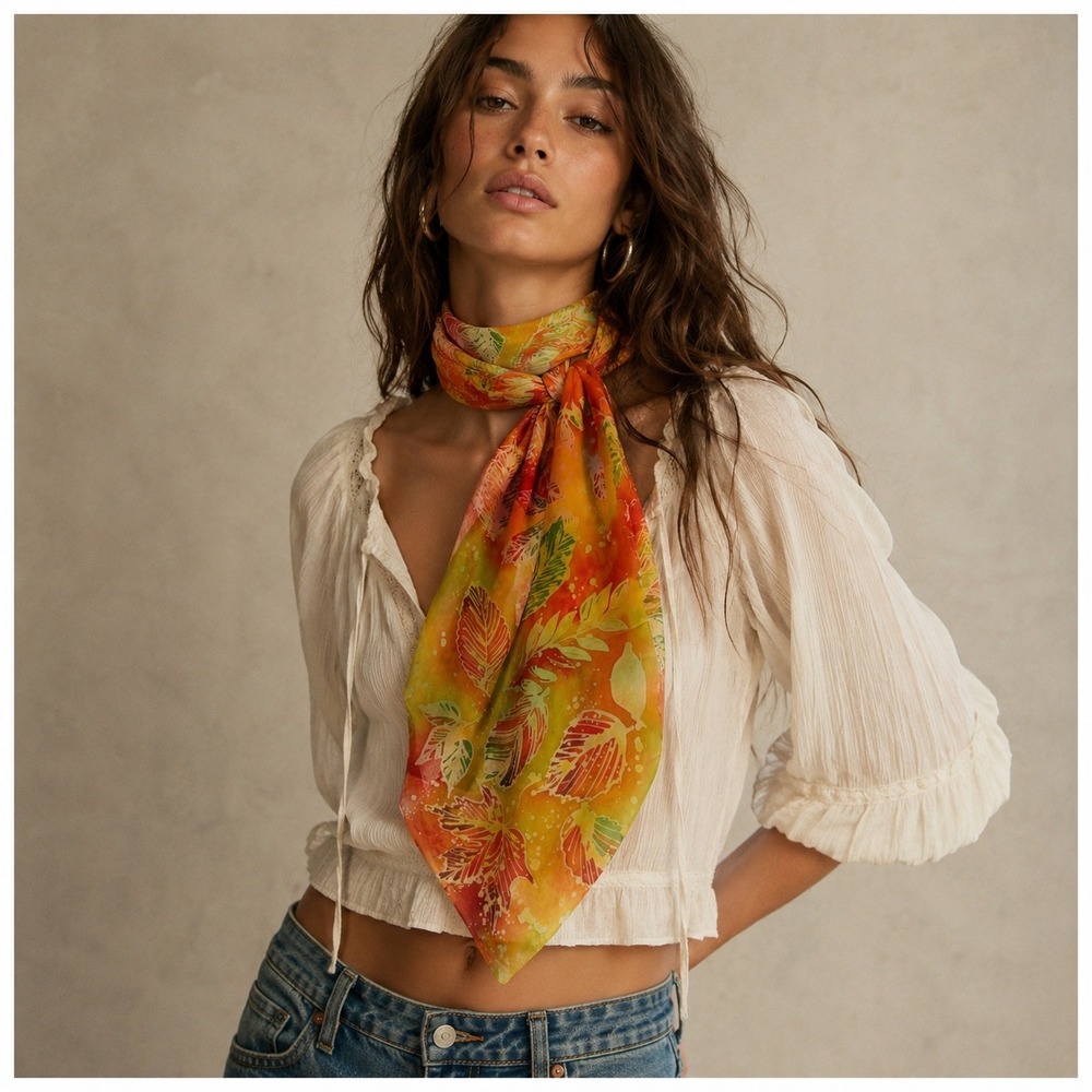 Batik Leaf Silk Scarf Womens Orange Green Fall Boho Chic Artsy Statement Vintage